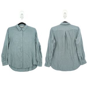 Uniqlo Women XS Easycare Blouse Green Long Sleeve Button Collared Rayon 410002